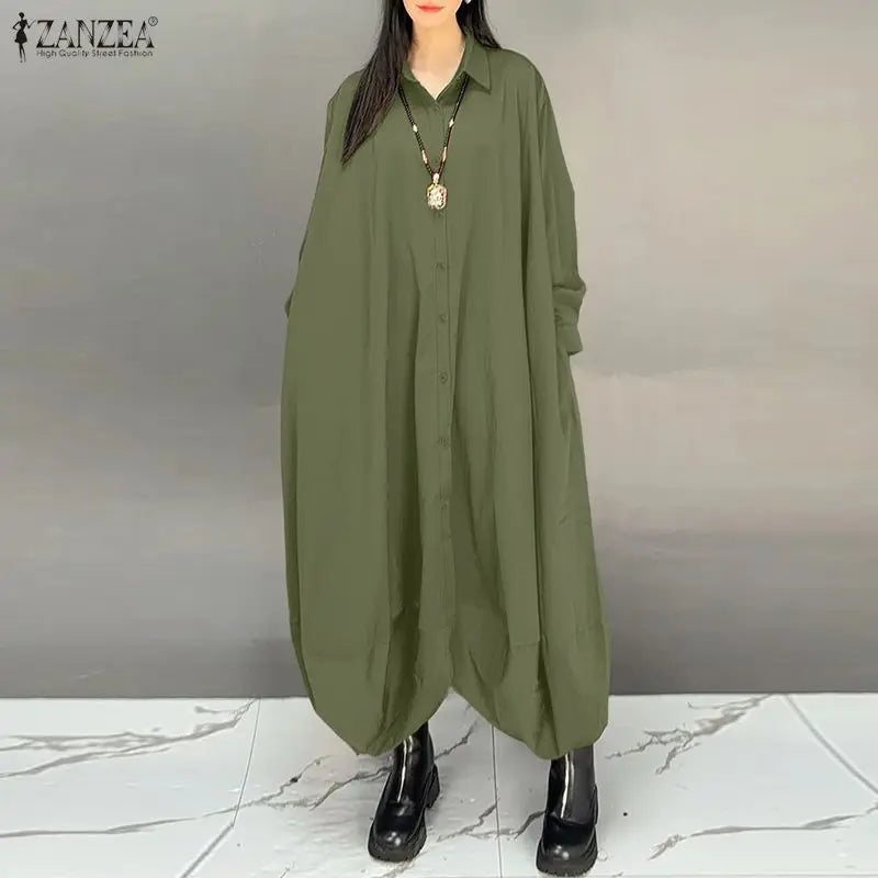 ZANZEA Women's Oversized Jumpsuits Turn-Down Collar Long Sleeves Button Up Drop-Crotch Pant Overalls Casual Streetwear Playsuits
