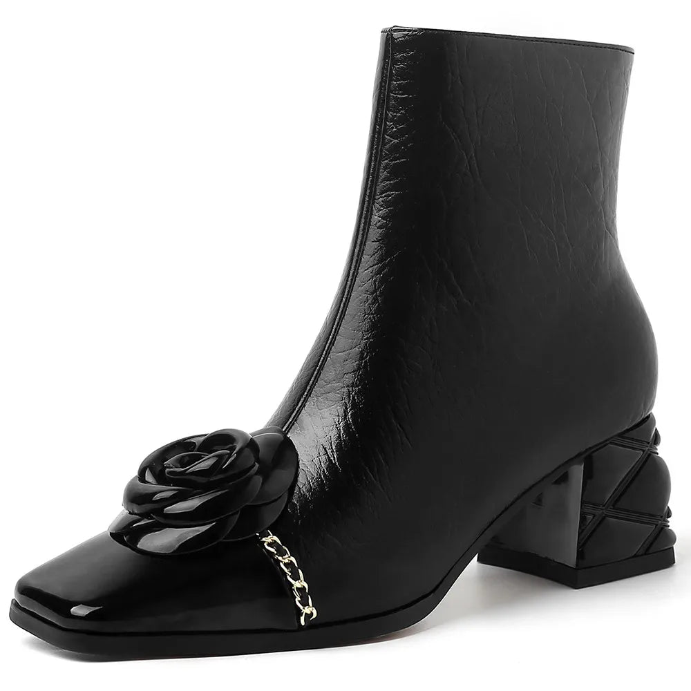 Genuine Leather Flower Metal Chain Short Boots Women Thick High Heels Young Ladies Mixed Color Boots Party Dating