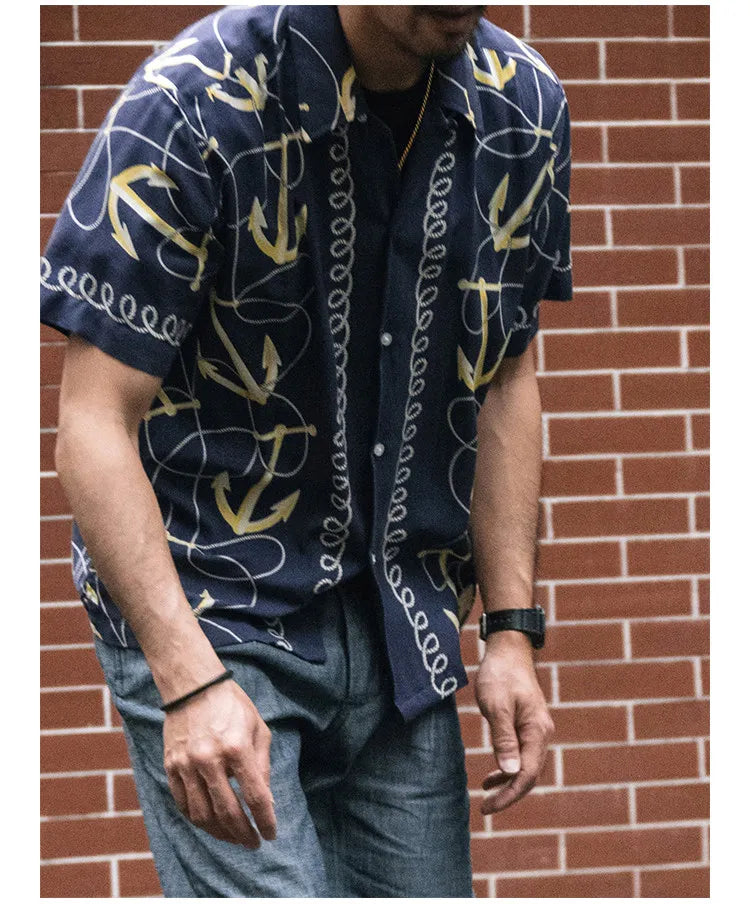 Rugged Bronson Anchor Border Rayon Camp Shirt Old-Fashion Men's Hawaiian Shirt For Beach Vacation