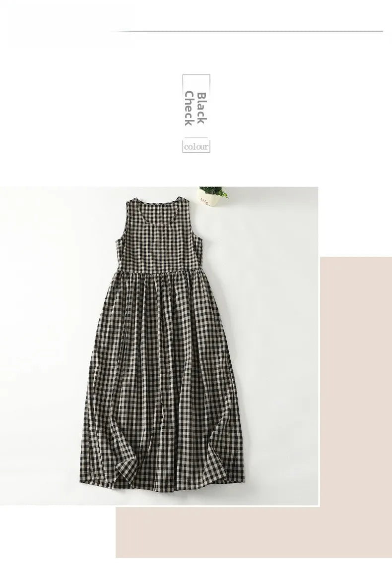 Retro Japanese Sle Linen Plaid Vest Dr Women Summer Loose Cotton Linen Svel Midi Dr A-Line Skirt round Ne