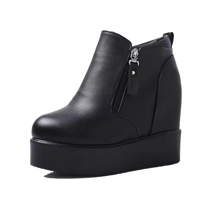 Women's Ankle Boots 2025 Winter Leather Short Plush Warm Boots For Woman Platform Shoes Ladies Hidden Heel Ankle Boot Shoes