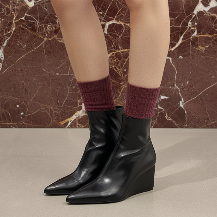 Autumn Winter Vintage Patent Leather Wedges Women Ankle Boots Fashion Pointed toe High heels Female Chelsea Short Boots Shoes