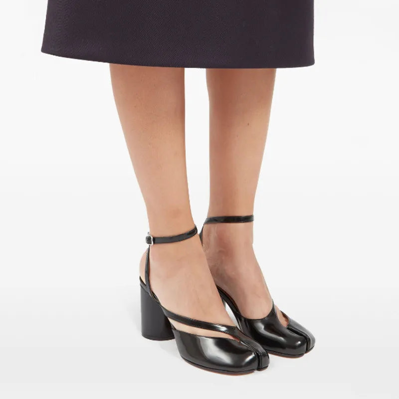 Ins style Fashion Patent Leather Split Toe Women Pumps Spring Summer Thick High heels Slingbacks Female Tabi Chunky Casual Shoes