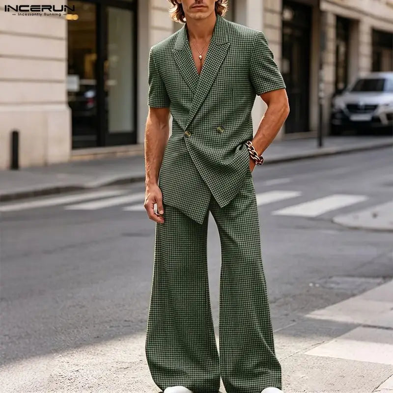 INCERUN Men Plaid Sets Lapel Short Sleeve Blazer Wide Leg Pants Two Piece Sets Streetwear Elegant 2026 Fashion Men Matching Sets