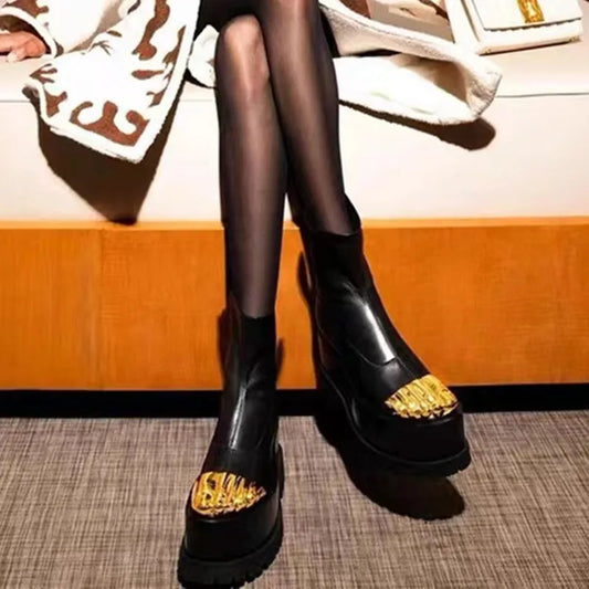 Artistic Surreal Fashion Women Ankle Boots Luxury Mid-calf Boots Designer  Thigh High Boots Metal Decoration Female Shoes Platform Zipper-sid