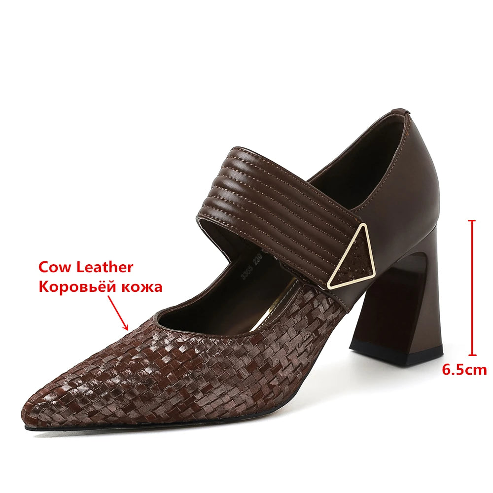 Aucegi Classic Chunky Hight Heels Woman Genuine Leather Woven Cow Suede Pumps Pointed Toe Elegant  Magic Paste Party Shoes