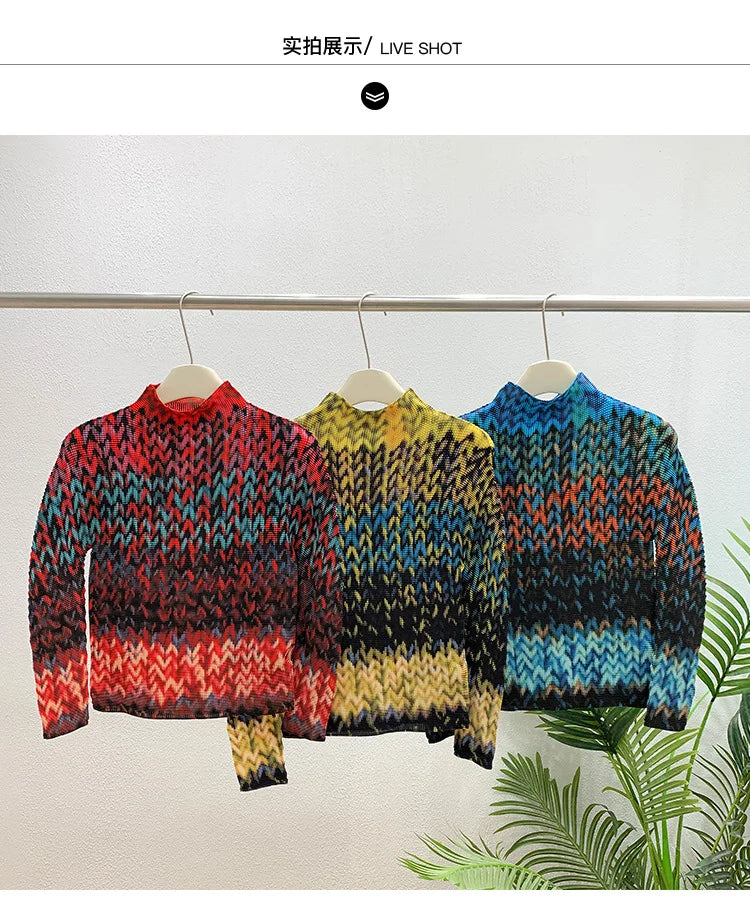 Miyake Pleated 2026 Spring and Summer New Fashion Tops Women's Long-sleeved Half-high Collar Printed T-shirt Bottoming Shirt