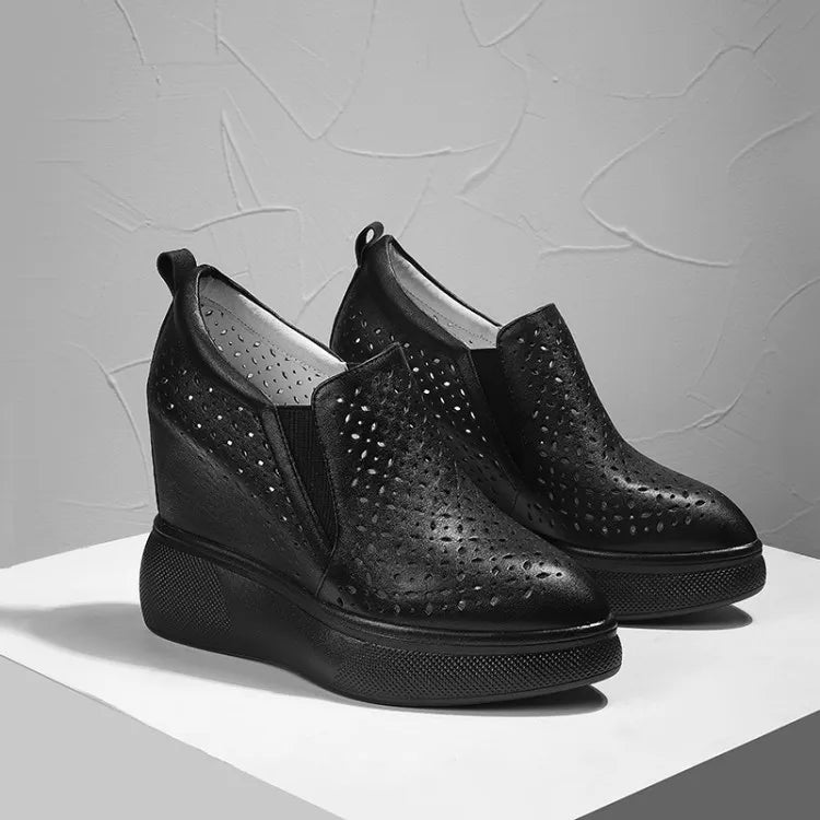 High Heels Hollow Out Shoes Casual Black White Women Sneakers Leisure Platform Shoes Slip-On Breathable Height Increasing Shoes