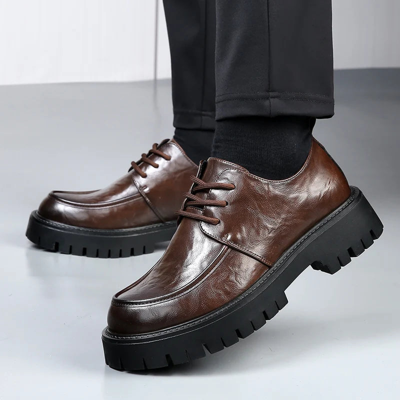 Men's Fashion Genuine Leather British Style Thick Bottom Work Shoes Classic Lace Up Comfortable Anti Slip Big Head Leather Shoes