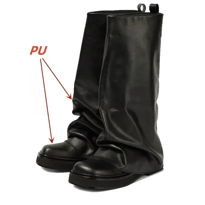 Women's Chunky Leather Flats & Knee Boots - Square Toe Loose Fit Spring-Autumn Casual Shoes with Pleated Pants