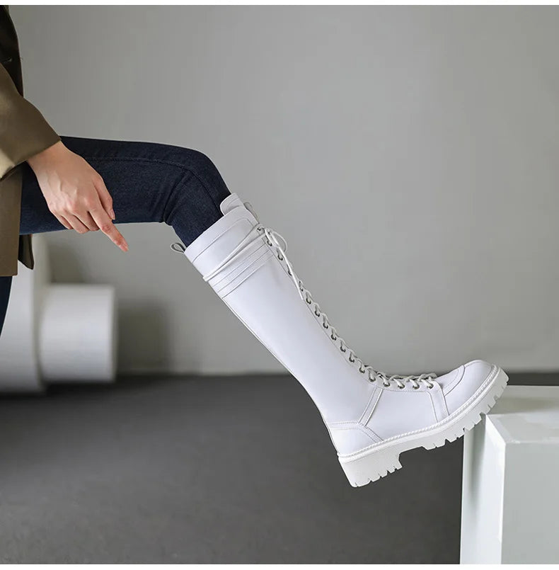 Ods Genuine Leather Women's High Knee Boots Winter Shoes Sexy Lace Up Black White Low Heels Party Shoes Girls Large Size 414243