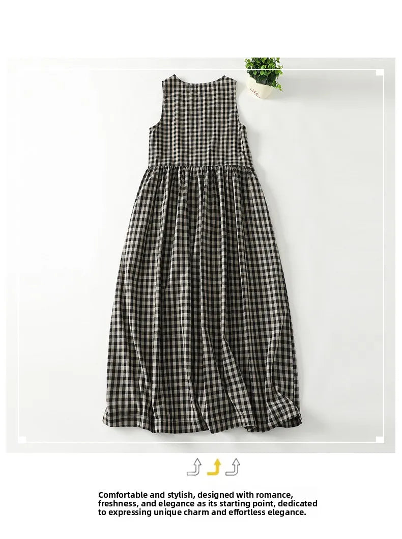 Retro Japanese Sle Linen Plaid Vest Dr Women Summer Loose Cotton Linen Svel Midi Dr A-Line Skirt round Ne