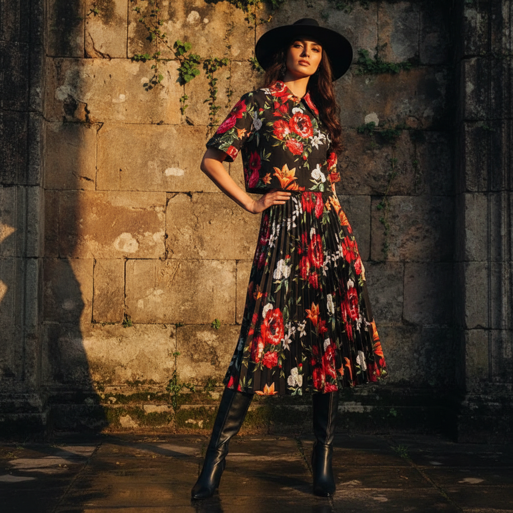 Retro print lapel short shirt two-piece set for 2026 summer women's wear+elastic waist loose pleated skirt fashion set