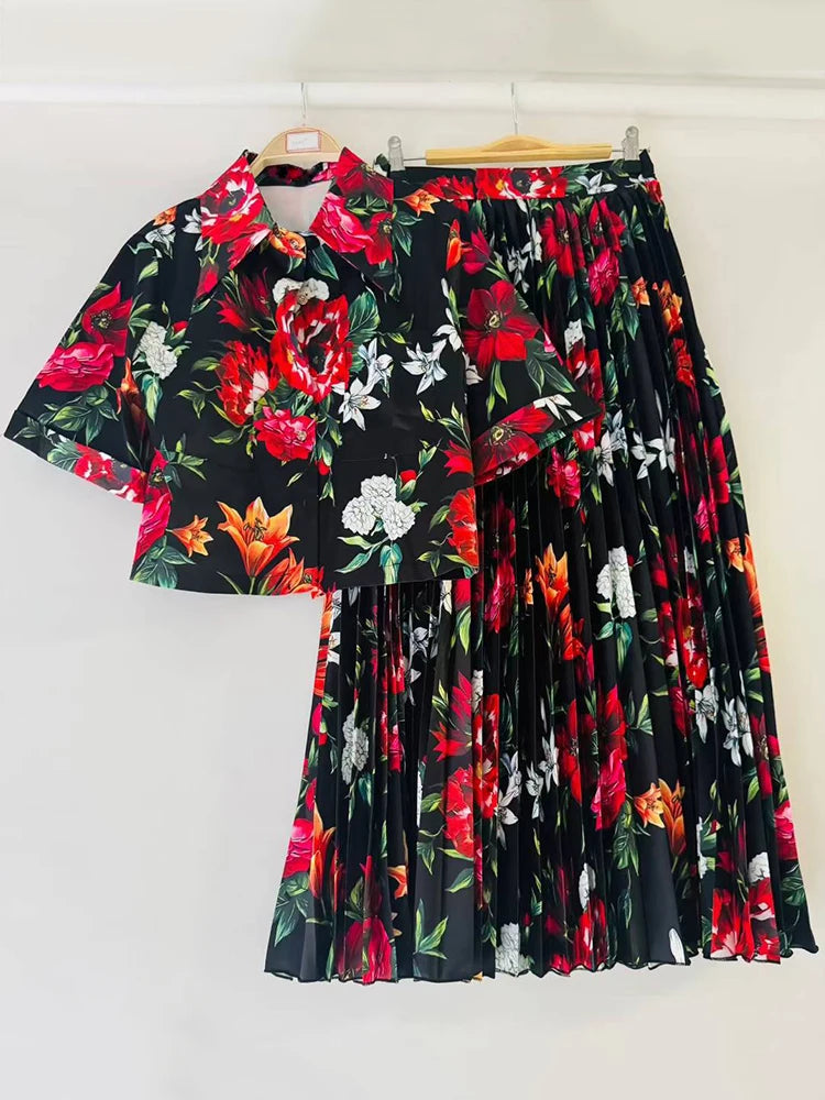 Retro print lapel short shirt two-piece set for 2026 summer women's wear+elastic waist loose pleated skirt fashion set