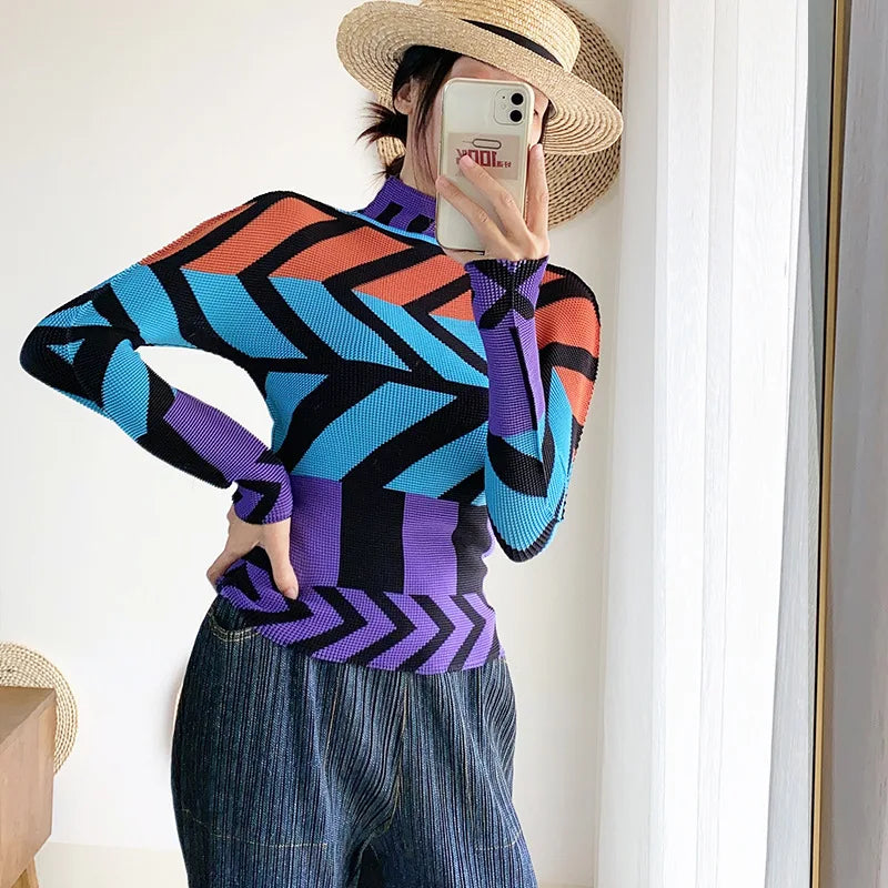 Miyake Pleated Contrasting Colors T-shirt Women Half Turtleneck Skinny Pullover 2025 Summer Fashion Female Clothing