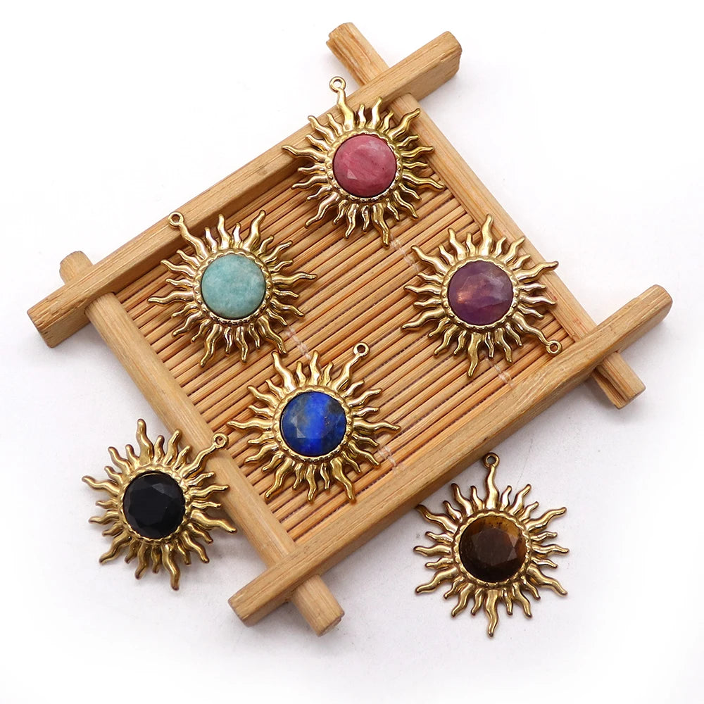 Solstice Sun Goodluck Pendant Shape Natural Amazonite Lapis Lazuli Black Agate Pendants Golden Frame Design Charms Jewelry Accessory 1 Pc For DIY Necklace