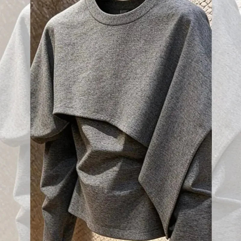 Limiguyue Spring Autumn Gray Pullover Shirts Women Daily Trendy Splice Long Sleeve Tops Loose Irregular Blouse Designer 180B