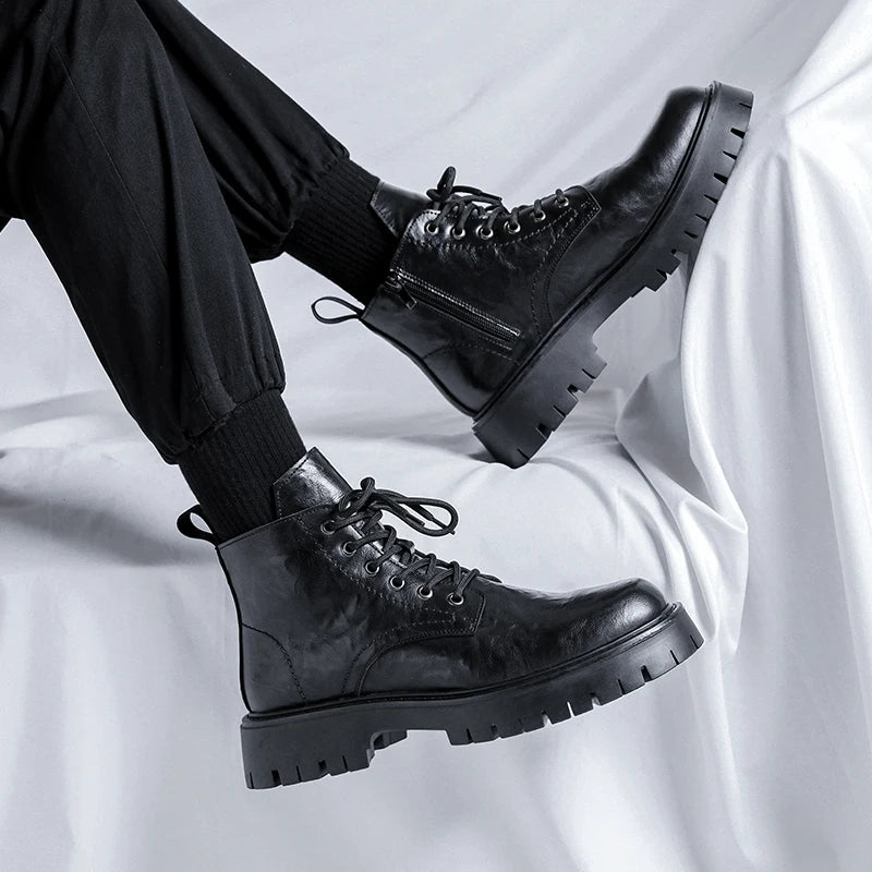 New Fashion Lace Up Casual Mens Boots Mens Thick Sole Ankle Boots Trendy Comfortable Mens Classic Black/Brown Motorcycle Boots
