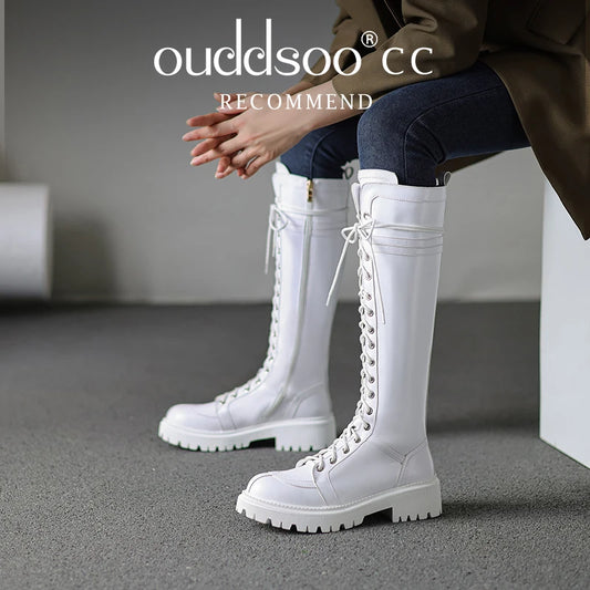 Ods Genuine Leather Women's High Knee Boots Winter Shoes Sexy Lace Up Black White Low Heels Party Shoes Girls Large Size 414243