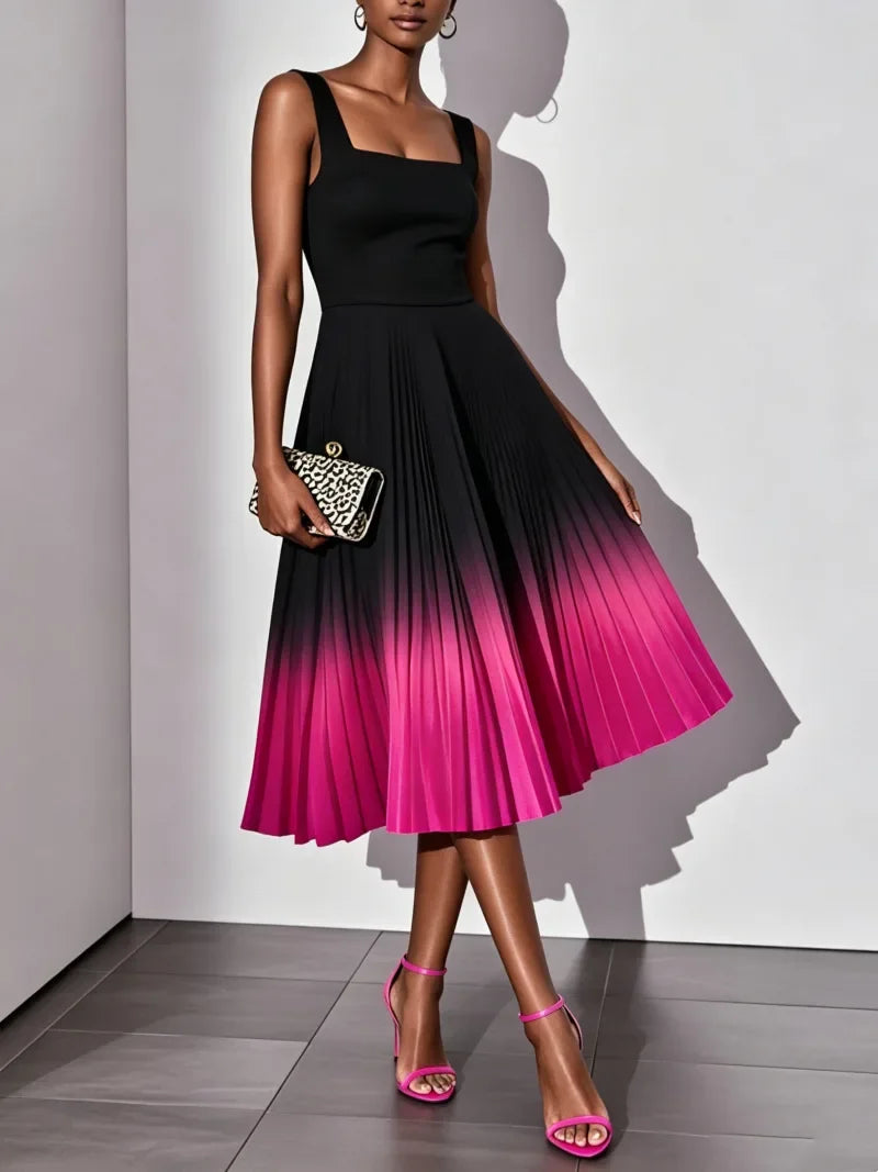Square Neck Wide Strap Fitted Bodice Gradient Pleated Flared Midi Dress  A Line Elegant Cocktail Party Knee Length Gown