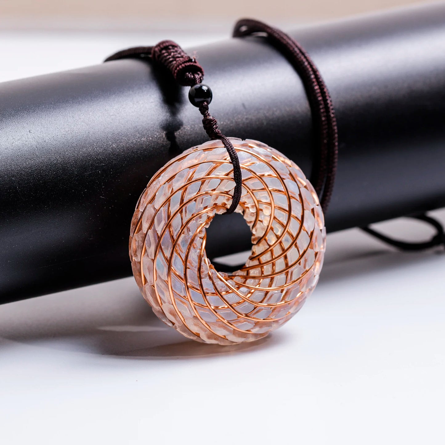 Rodin Coil &Opal Orgone Pendant Necklace , Blue glass pendant jewelry, Chakra Balancing, Adjustable Chain