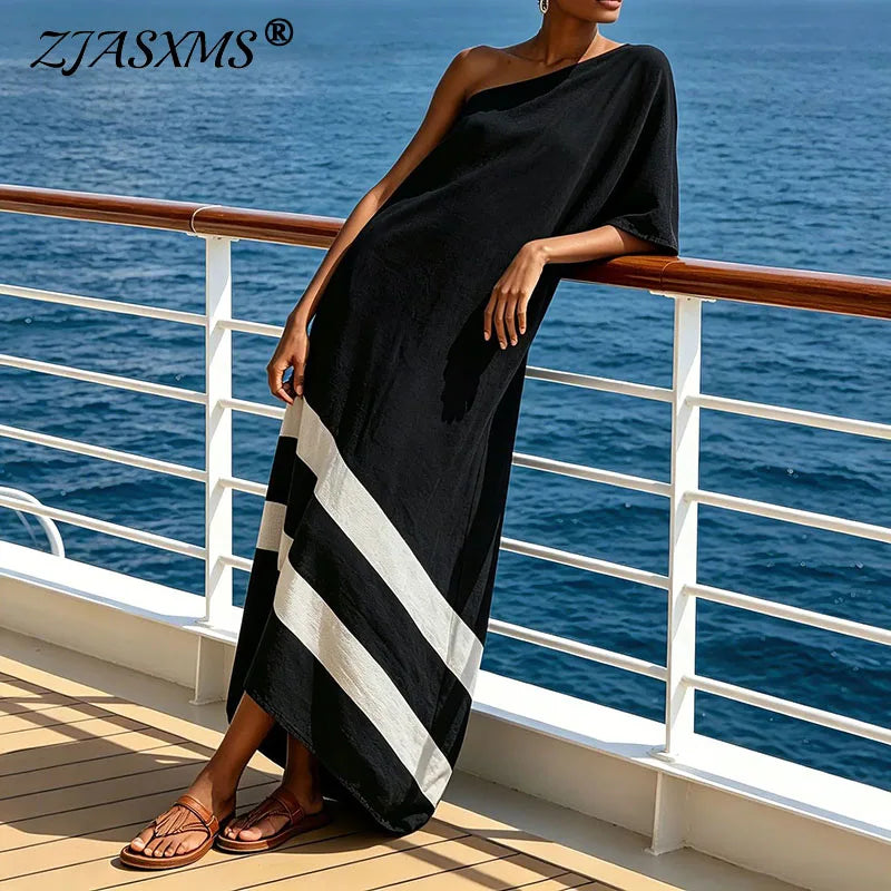 New Women One Shoulder Maxi Dress Short Batwing Sleeve Diagonal Stripe Print Asymmetric Hem Autumn Loose Boho Beach Travel Dress