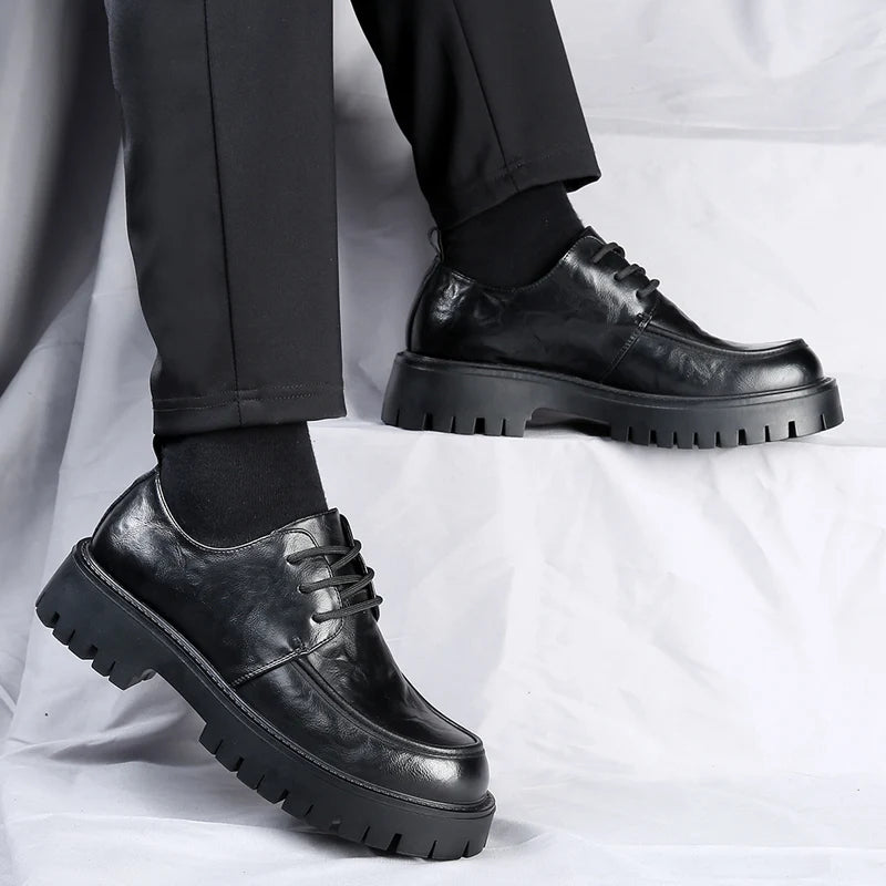 Men's Fashion Genuine Leather British Style Thick Bottom Work Shoes Classic Lace Up Comfortable Anti Slip Big Head Leather Shoes