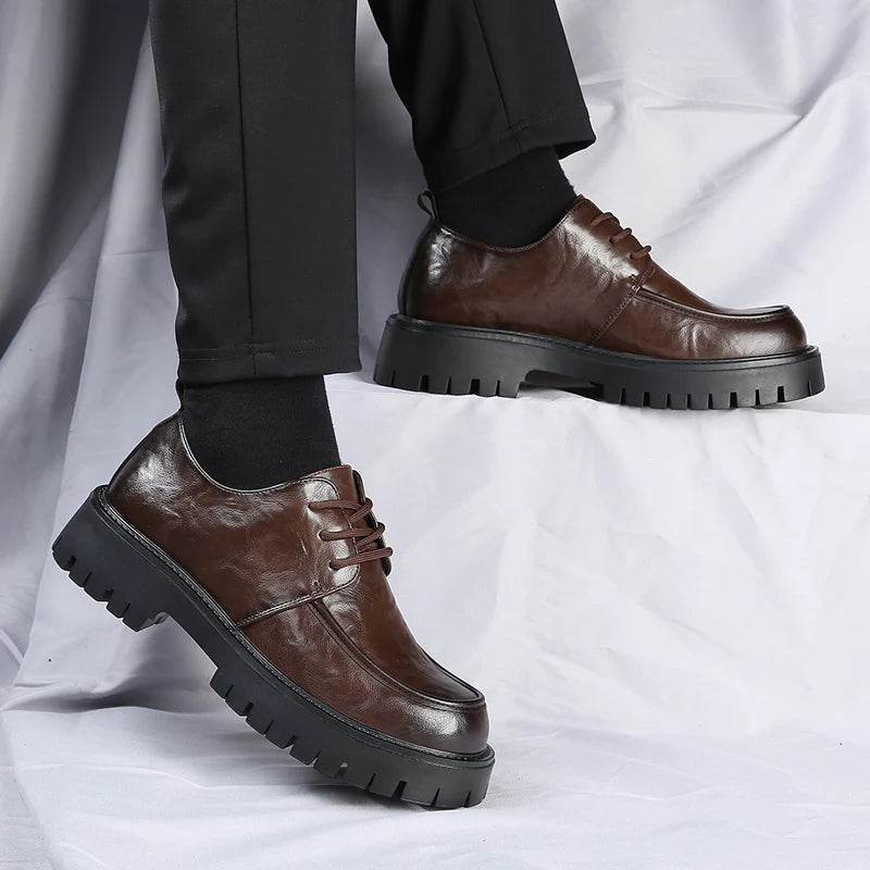 Men's Fashion Genuine Leather British Style Thick Bottom Work Shoes Classic Lace Up Comfortable Anti Slip Big Head Leather Shoes
