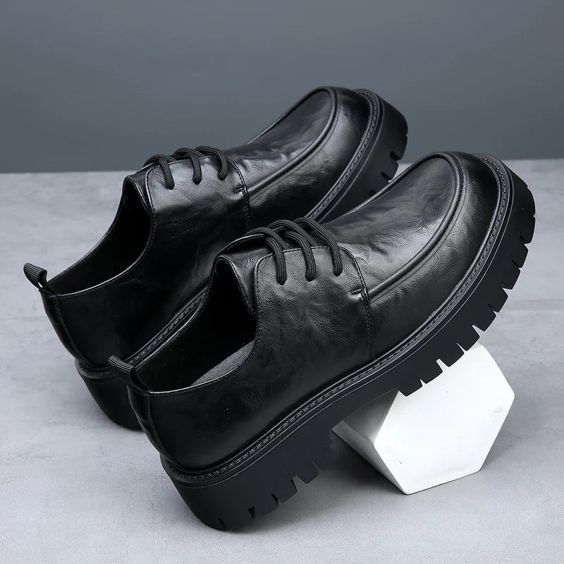 Men's Fashion Genuine Leather British Style Thick Bottom Work Shoes Classic Lace Up Comfortable Anti Slip Big Head Leather Shoes