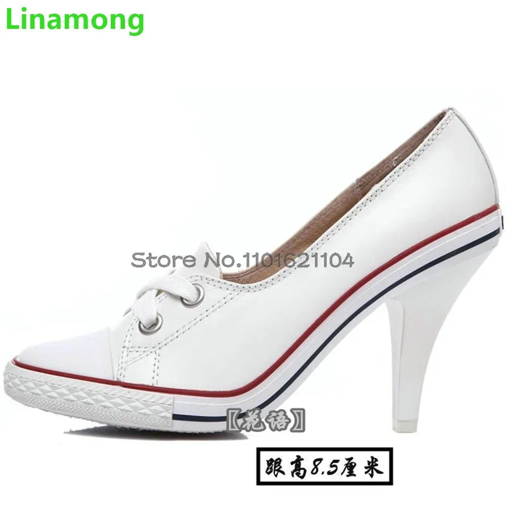 Round Toe Thin High Heel Leisure Pumps For Female Women 2024 Spring New Lace-up Shallow Handamde Mixed Colors Heightened Shoes