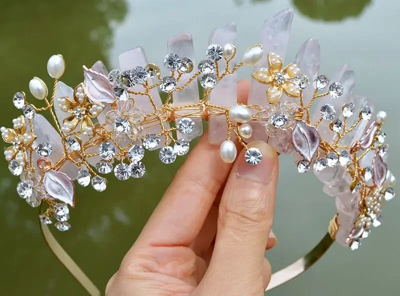 Natural Amethyst Quartz Crown Raw Stone Wand Hairpin with Flower Rhinestone Hand Crafted Women Hair Band for Party Birthday Gift
