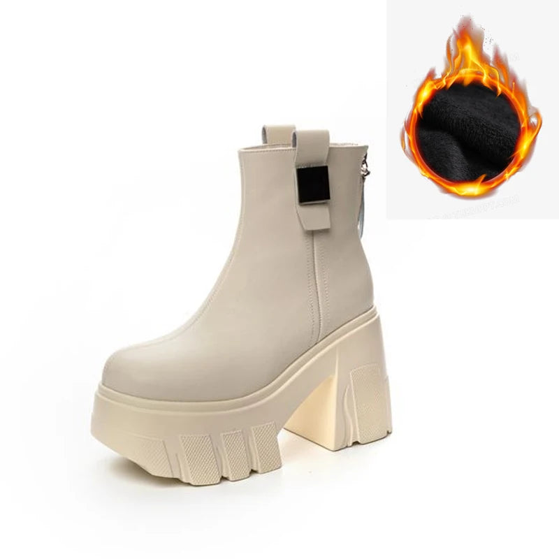 Fujin 11cm New Microfiber Leather Women High Increase Casual Ankle Boots Platform Wedge Pumps Heels White Shoes Winter Shoes
