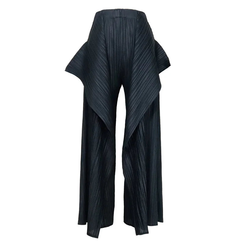 Miyake Irregular Designer Pleated Two Pieces Set Women Sleeveless Elegant Top Wide Leg Loose Trousers Summer Lady Clothing