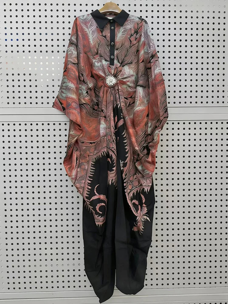 Retro tie dye printed diamond button pleated lapel pullover dress, fashionable loose plus size women's irregular shirt skirt