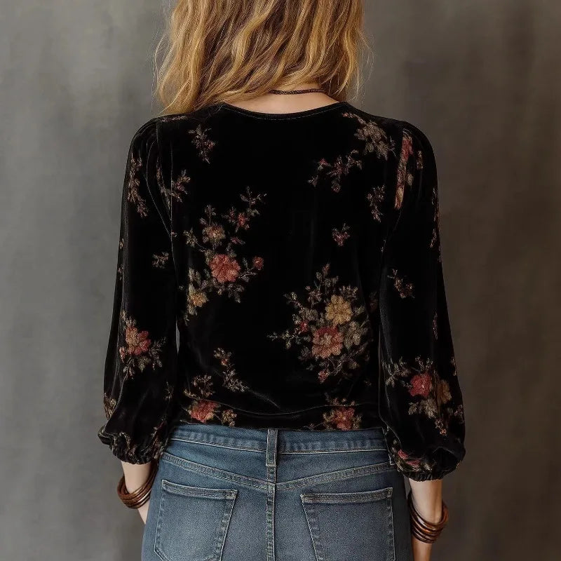 Autumn Winter Gold Velvet Printed Retro Pullover Top Women's Ethnic V-Neck Black Long Sleeved Vacation Shirt Top Streetwear New