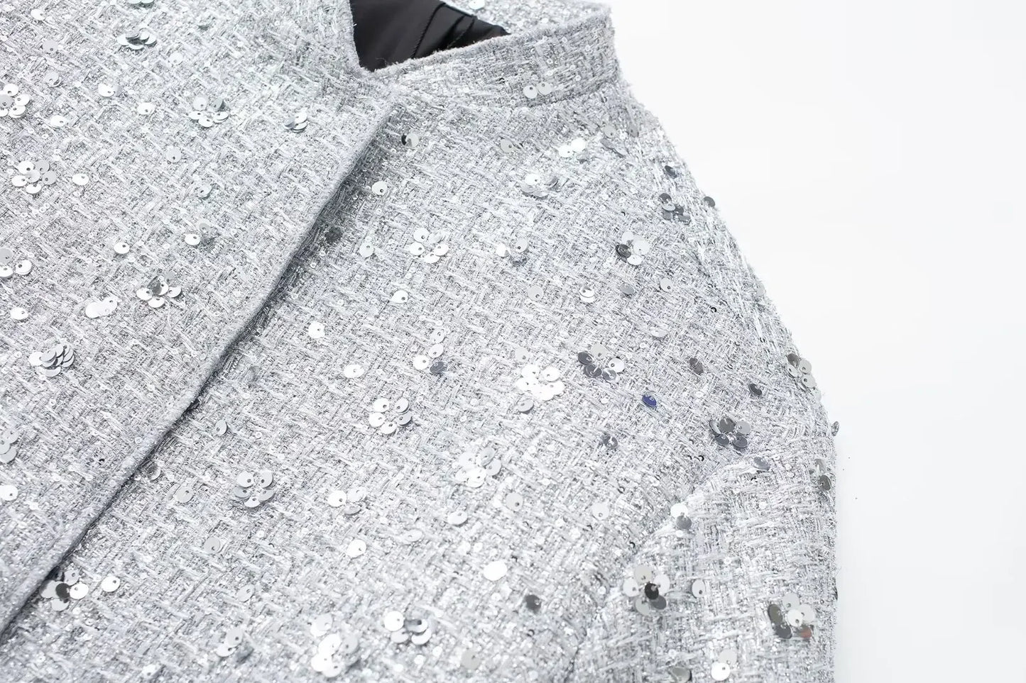 Women's Sequined Bomber Jacket Fall New Round Neck Long Sleeve Pocket Stretch Hem Sequins Jacket Coat Female Chic Outerwear