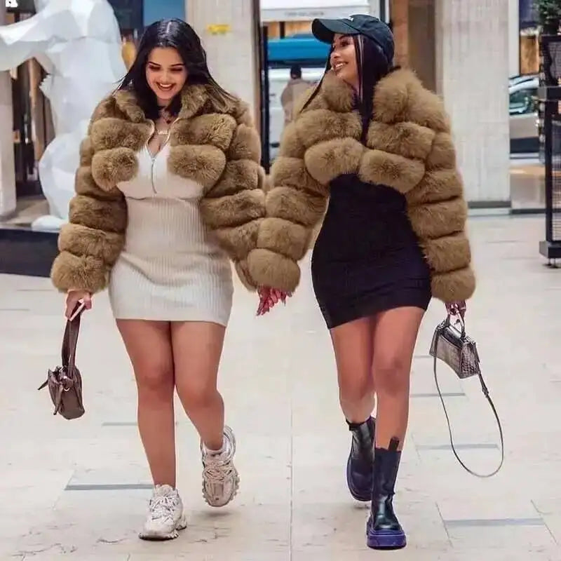 DEAT Fashion Women's Faux Fur Coat Stand Neck Long Sleeve Zipper Short Solid Color Thick Warm Jackets Winter 2024 New 7AB6434