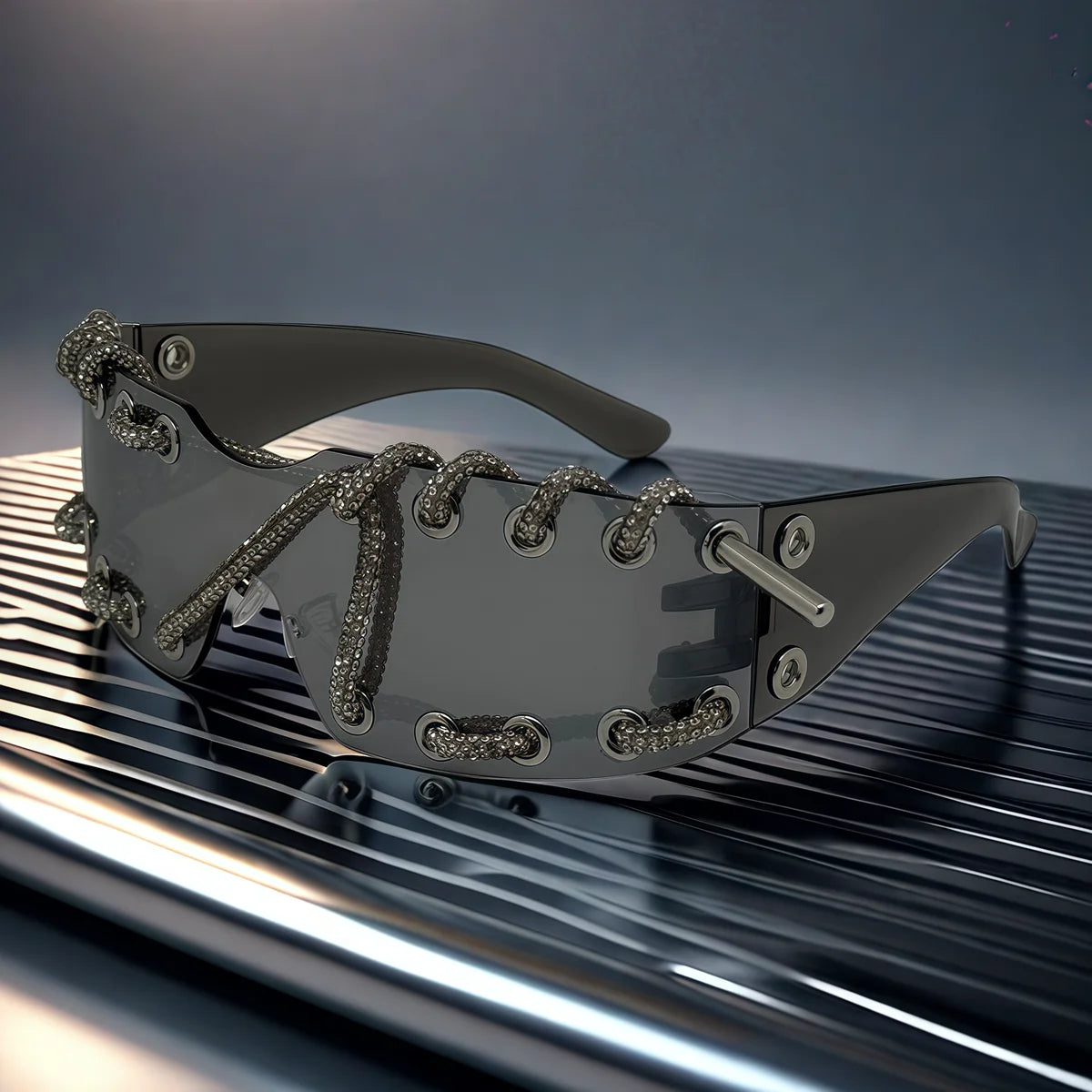 Punk Luxury Rhinestone Chain Sunglasses for Men Women One-piece Frameless Trendy Original Design Streetwear Party Shades