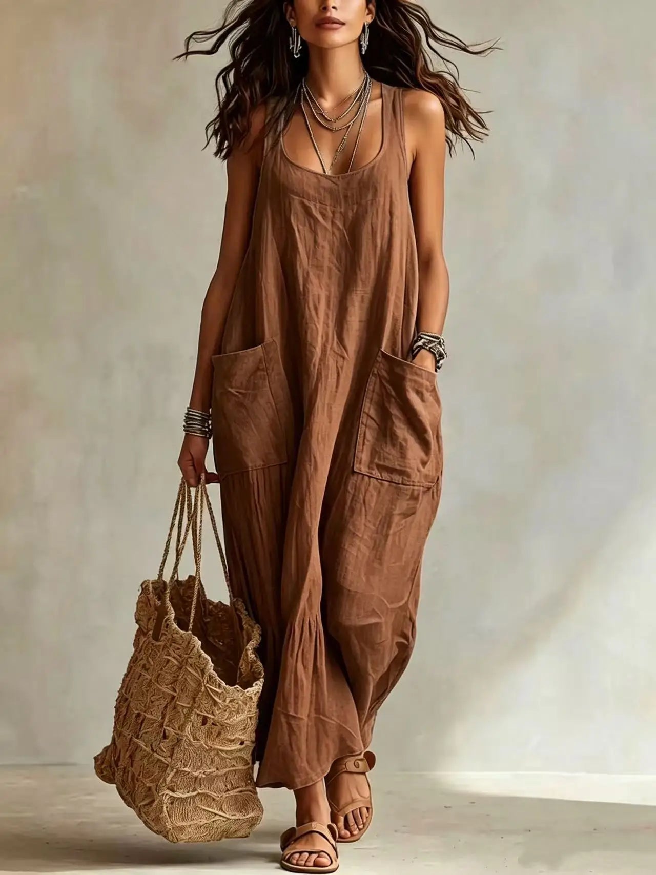 Women's Cotton Linen Square Neck Maxi Dress with Pockets Spaghetti Strap Sleeveless Loose Vacation Beach Long Sundress S-2XL