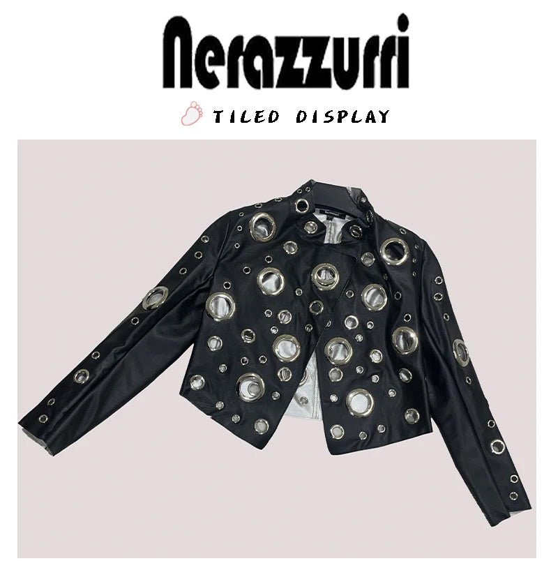 Mauroicardi Spring Short Hollow Out Patchwork Short Pu Leather Jacket Women Cool Luxury Designer European Style Clothes Fashion
