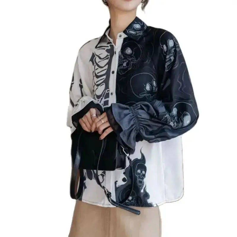 Y2K stylish blouses skull printing shirts lantern Sleeve with lace decor shirts blouses casual loose streetwears Blusas Mujer