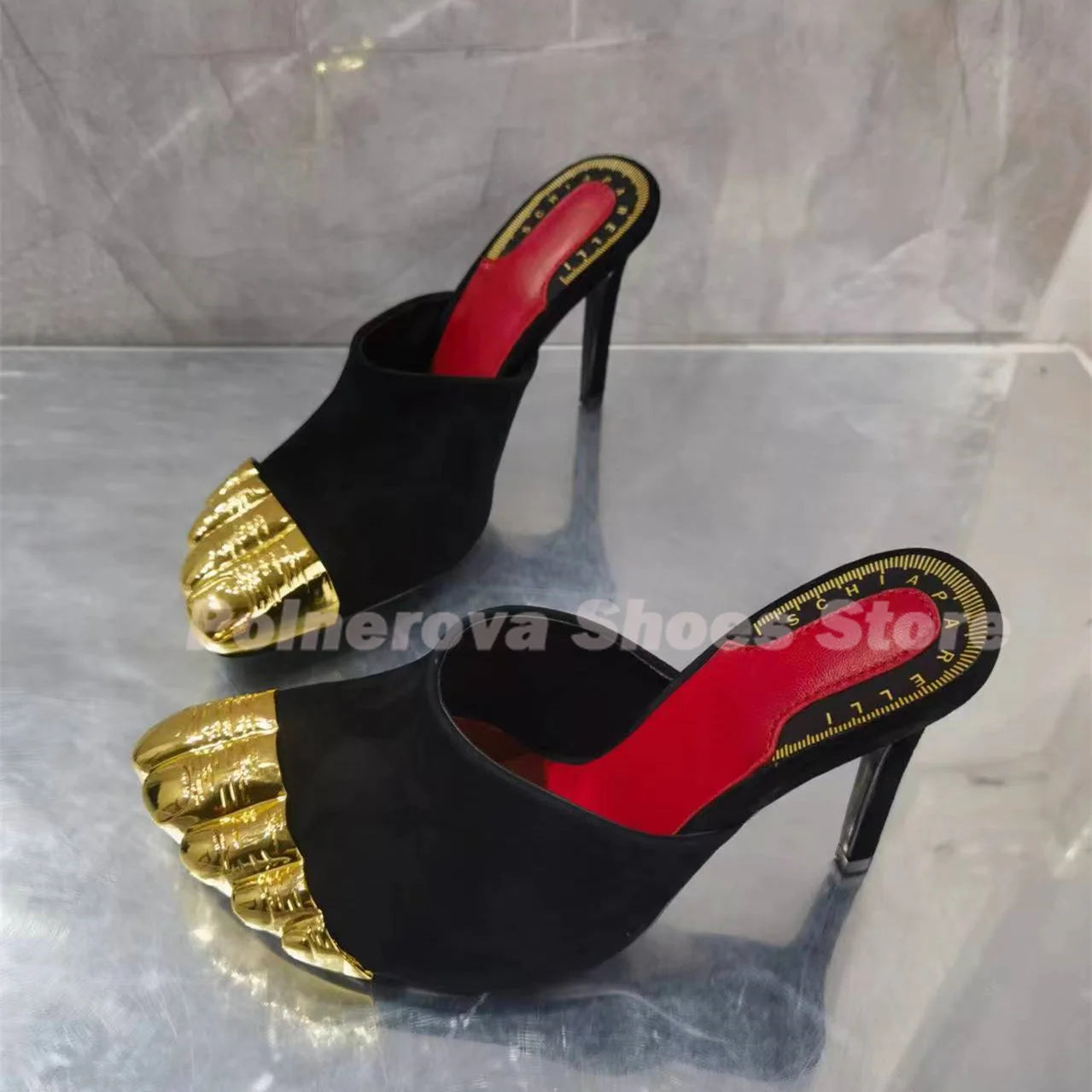 Gold Brass Toes Mules Women Slippers Stiletto Ankle Straps Summer Suede Ladies Summer Stiletto High Heels Luxury Brand Sandals