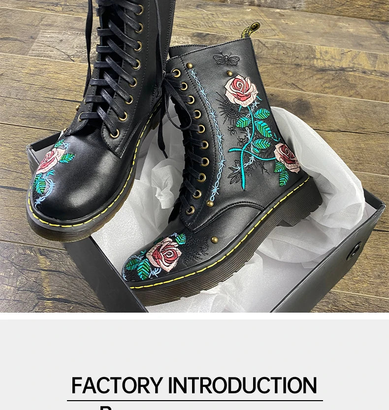 Ods Handmade Embroidery Rose Flower Retro Lace-up Mt Woman Genuine Leather Round Toe British Style Ankle Boots Big Size 40414243