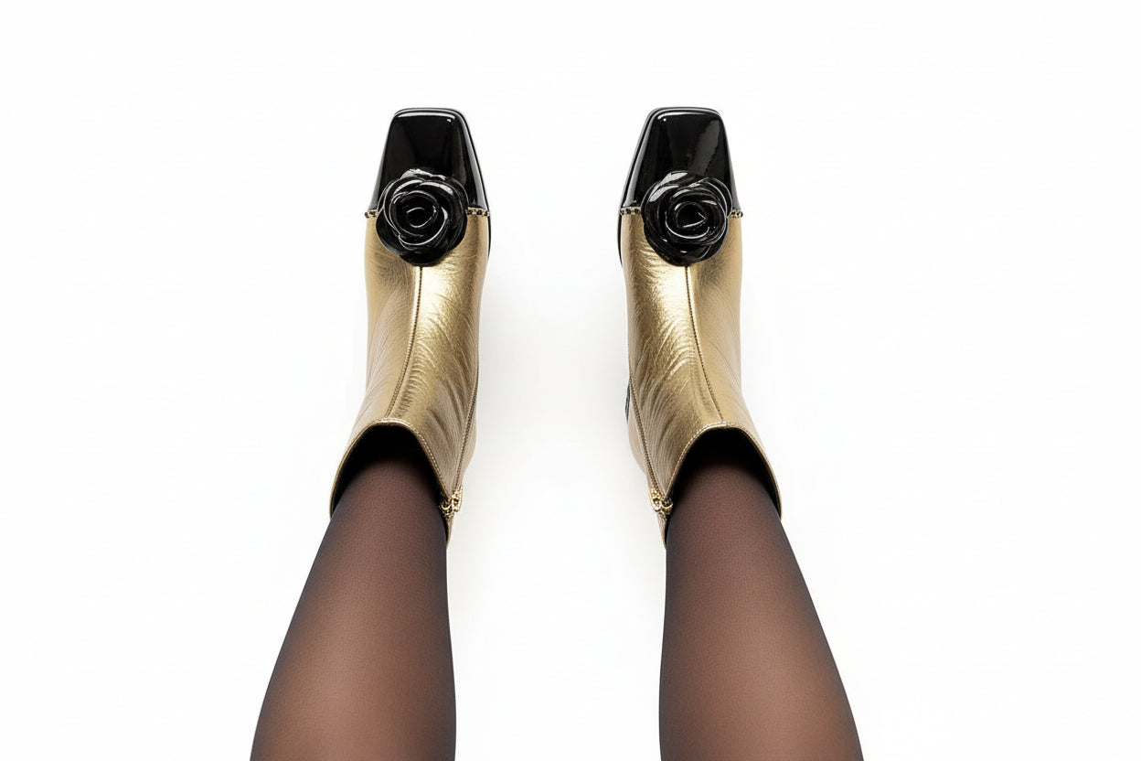 Genuine Leather Flower Metal Chain Short Boots Women Thick High Heels Young Ladies Mixed Color Boots Party Dating