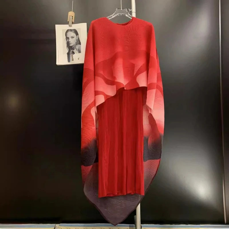 Miyake Folded Fashionable and Elegant Women's Long Skirt, Temperament Skirt, Round Neck Printed Shawl, Two Piece Dress Set