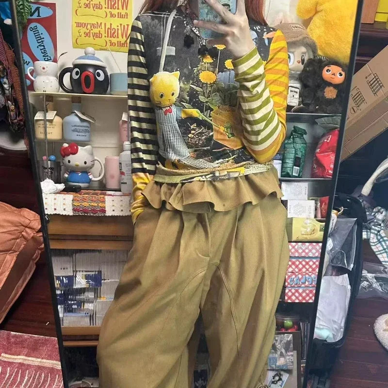 HOUZHOU Y2K Striped Graphic Juminocore Women T-Shirts Harajuku Kawaii Long Sleeve Japanese 2000s Style Tees Slim Cute Aesthetic