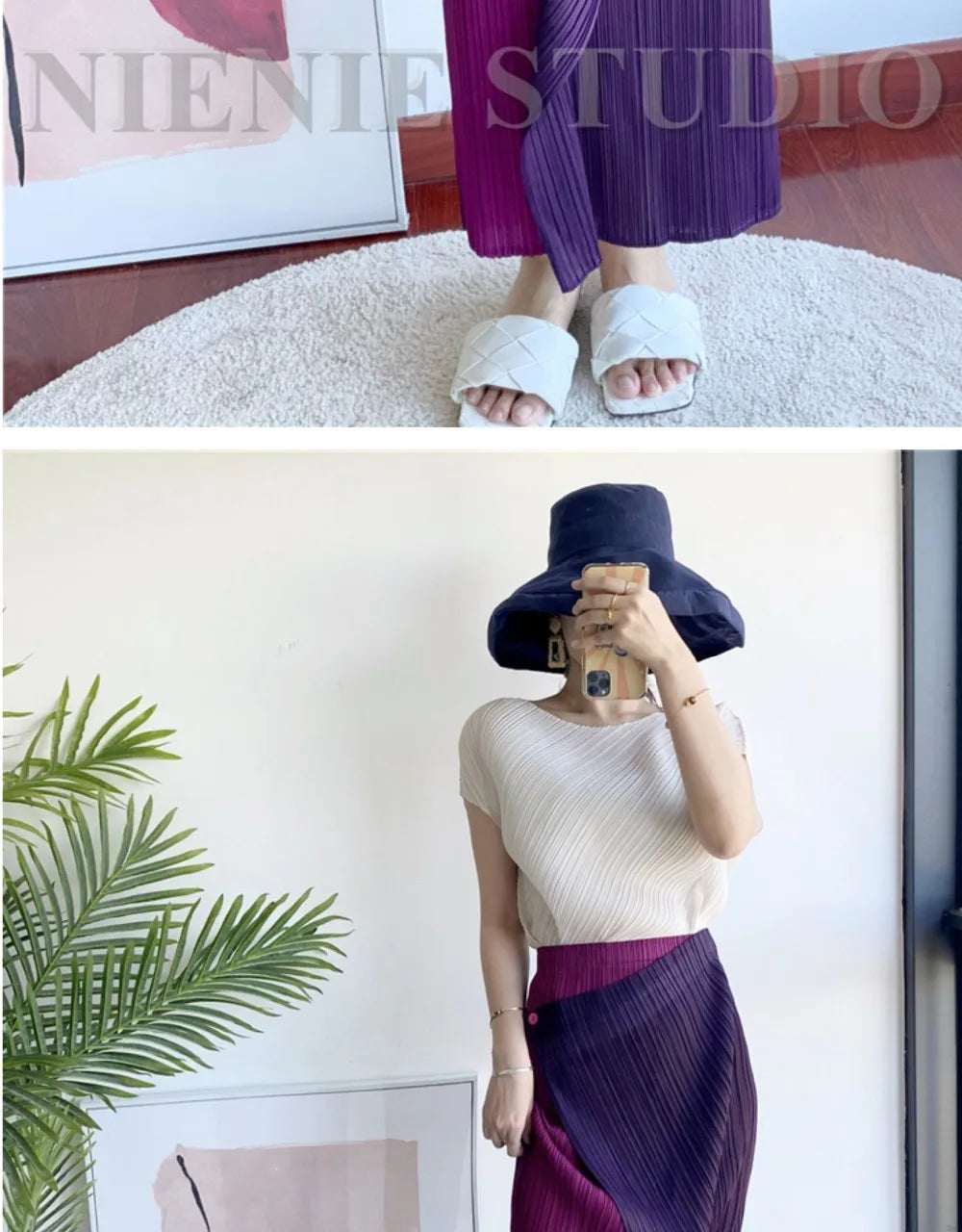 Miyake Pleated Skirt High Waist One Button Stitching Long Asymmetrical Skirt Two Piece Straight Korea Fashion Aesthetic Clothes