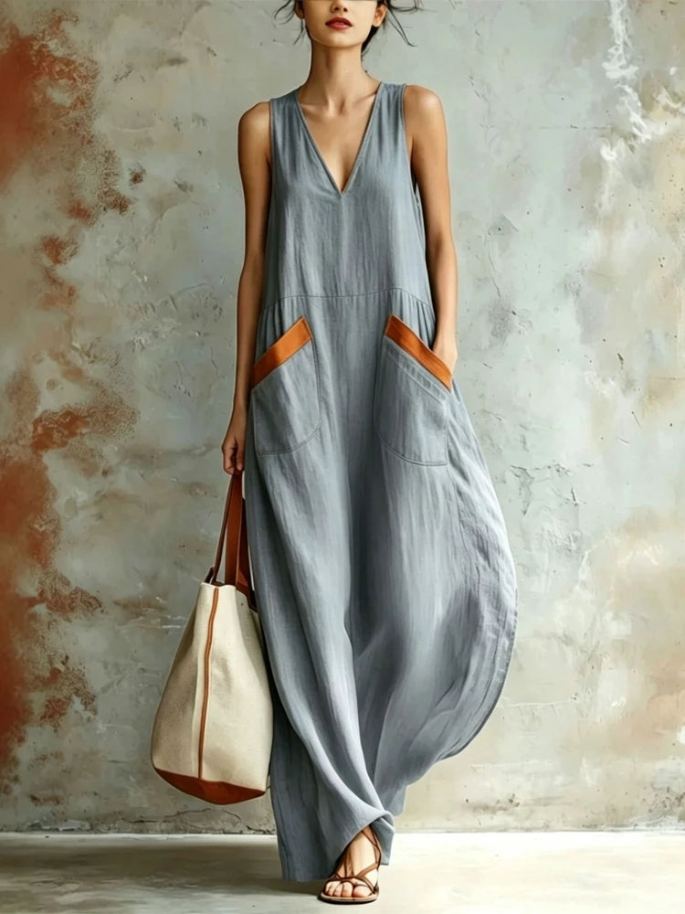 Women Boho Sleeveless Maxi Dress Deep V Neck Flowy Long Tank Dress Summer Casual A-line Loose Color Blocking Pockets Dresses