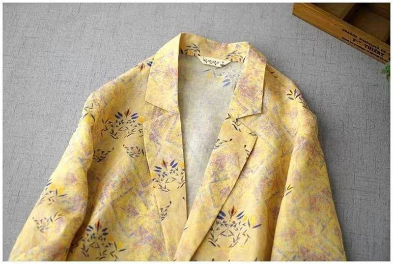 New Women's Spring and Summer Ramie Printed Cropped Sleeves Loose Suit Jacket Women's Casual Literary Thin Coat Women's Coat