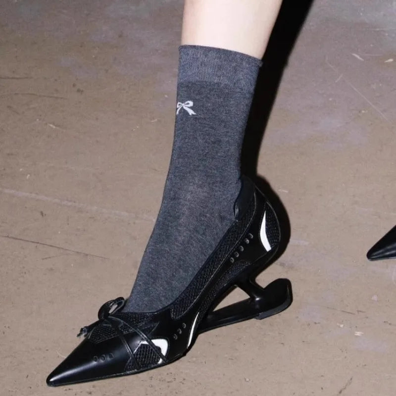 Special Heel Spliced Heels Pointed Toe Heels Women's Fashion Shallow Mouth Bow Non-Slip Mary Jane Single Shoes